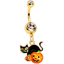 将图片加载到图库查看器，Clear Gem Gold Tone Black Cat Jack O Lantern Dangle Belly Ring
