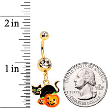 将图片加载到图库查看器，Clear Gem Gold Tone Black Cat Jack O Lantern Dangle Belly Ring
