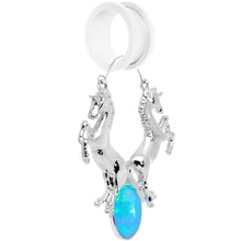 Load image into Gallery viewer, Blue Faux Opal Leaping Unicorns Tunnel Plug Earrings
