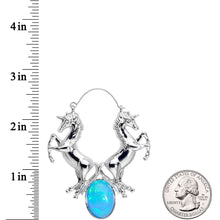 Load image into Gallery viewer, Blue Faux Opal Leaping Unicorns Tunnel Plug Earrings

