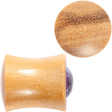 Load image into Gallery viewer, Purple CZ Gem Olive Wood Natural Beauty Saddle Plug Set 5mm to 25mm
