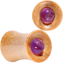 Load image into Gallery viewer, Purple CZ Gem Olive Wood Natural Beauty Saddle Plug Set 5mm to 25mm
