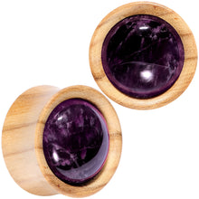 Load image into Gallery viewer, Purple CZ Gem Olive Wood Natural Beauty Saddle Plug Set 5mm to 25mm
