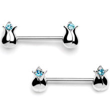 Load image into Gallery viewer, 14G 9/16 Aqua Gem Tulips Flower Barbell Nipple Ring Set
