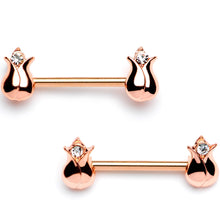 Load image into Gallery viewer, 14G 9/16 Clear Gem Rose Gold Tone Tulip Flower Barbell Nipple Ring Set
