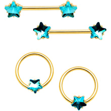 将图片加载到图库查看器，14G Blue Gem Star Gold Tone Captive Barbell Nipple Ring Set
