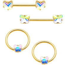 Load image into Gallery viewer, 14G Aurora Gem Butterfly Gold Tone BCR Nipple Ring Set
