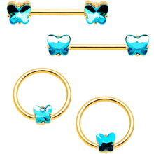 Load image into Gallery viewer, 14G Aqua Gem Butterfly Gold Tone BCR Barbell Nipple Ring Set of 4
