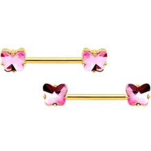 Load image into Gallery viewer, 14G Pink Gem Butterfly Gold Tone BCR Barbell Nipple Ring Set
