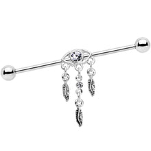 Load image into Gallery viewer, Clear Gem Eye Feather Dangle Industrial Barbell 38mm
