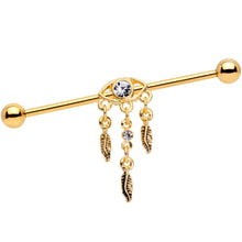 Load image into Gallery viewer, Clear Gem Gold Tone Eye Feather Dangle Industrial Barbell 38mm
