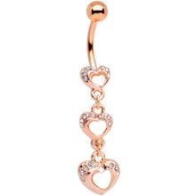 Load image into Gallery viewer, Clear Gem Rose Gold Tone Hanging Hearts Dangle Belly Ring
