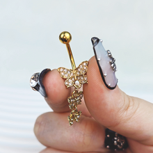 Load image into Gallery viewer, Clear Gem Gold Tone Flight Of Butterflies Dangle Belly Ring
