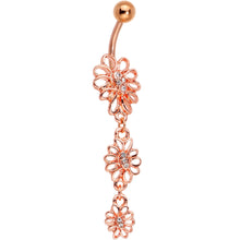 Load image into Gallery viewer, Clear Gem Rose Gold Tone Loopy Love Flowers Dangle Belly Ring
