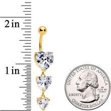 Load image into Gallery viewer, Clear Heart CZ Gem Gold Tone Triplet Heart Dangle Belly Ring
