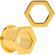 Load image into Gallery viewer, Gold Tone Geometric Hexagon Double Flare Tunnel Plug Set 3mm to 25mm
