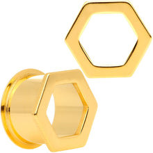 Load image into Gallery viewer, Gold Tone Geometric Hexagon Double Flare Tunnel Plug Set 3mm to 25mm
