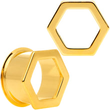 Load image into Gallery viewer, Gold Tone Geometric Hexagon Double Flare Tunnel Plug Set 3mm to 25mm

