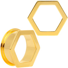 Load image into Gallery viewer, Gold Tone Geometric Hexagon Double Flare Tunnel Plug Set 3mm to 25mm
