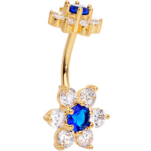 Load image into Gallery viewer, Blue Clear CZ Gem Gold Tone Double Flower Delight Double Mount Belly Ring
