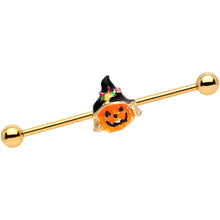 Load image into Gallery viewer, 14G Gold Tone Halloween Jack O Lantern Industrial Barbell 38mm
