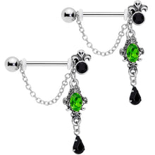 Load image into Gallery viewer, 9/16 Green Black Gem Evil Queen Dangle Barbell Nipple Ring Set
