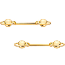 Load image into Gallery viewer, 14G 9/16 Gold PVD Alien Spaceship Barbell Nipple Ring Set
