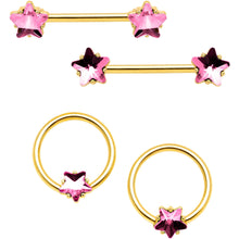Load image into Gallery viewer, 14G Pink Gem Star Gold Tone Captive Barbell Nipple Ring Set

