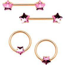 Load image into Gallery viewer, 14G Pink Gem Star Rose Gold Tone Captive Barbell Nipple Ring Set
