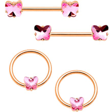 将图片加载到图库查看器，14G Pink Gem Butterfly Rose Gold Hue BCR Barbell Nipple Ring Set
