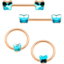 Load image into Gallery viewer, 14G Blue Gem Butterfly Rose Gold Hue BCR Barbell Nipple Ring Set
