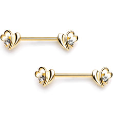 Load image into Gallery viewer, 14G 9/16 Clear Gem Gold Tone Love Wave Barbell Nipple Ring Set

