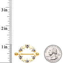Load image into Gallery viewer, 14G 7/8 Clear Gem Gold Tone Ring of Stars Nipple Shield Set
