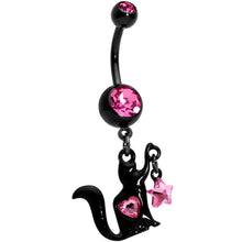 Load image into Gallery viewer, Pink Gem Black Plated Kitty Cat Loves Stars Dangle Belly Ring
