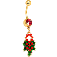 Load image into Gallery viewer, Red Gem Gold Tone Holiday Holly Wreath Dangle Belly Ring
