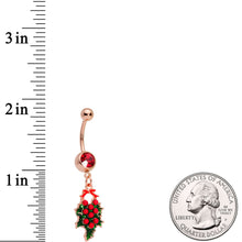 Load image into Gallery viewer, Red Gem Rose Gold Tone Holiday Holly Wreath Dangle Belly Ring
