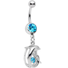 Load image into Gallery viewer, Aqua CZ Gem Abstract Dancing Dolphin Dangle Belly Ring
