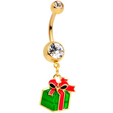 Load image into Gallery viewer, Clear Gem Gold Tone Green Red Happy Holiday Gift Dangle Belly Ring
