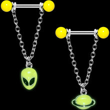 Load image into Gallery viewer, 14G 9/16 Yellow Glow Alien Saturn Dangle Barbell Nipple Ring Set
