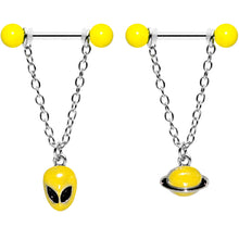 Load image into Gallery viewer, 14G 9/16 Yellow Glow Alien Saturn Dangle Barbell Nipple Ring Set
