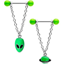 将图片加载到图库查看器，14G 9/16 Glow Alien Saturn Dangle Barbell Nipple Ring Set
