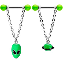 将图片加载到图库查看器，14G 9/16 Glow Alien Saturn Dangle Barbell Nipple Ring Set
