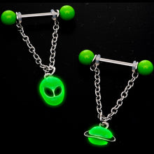将图片加载到图库查看器，14G 9/16 Glow Alien Saturn Dangle Barbell Nipple Ring Set
