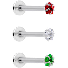 Load image into Gallery viewer, 16G 3/8 Red Green CZ Gem Holiday Star Labret Tragus Set of 3
