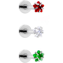 Load image into Gallery viewer, 16G 3/8 Red Green CZ Gem Holiday Star Labret Tragus Set of 3
