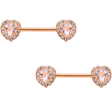 Load image into Gallery viewer, 14G 9/16 Clear Gem Rose Gold Tone Heart Barbell Nipple Ring Set
