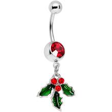 将图片加载到图库查看器，Red Gem Holiday Hangout Holly Leaves Dangle Belly Ring
