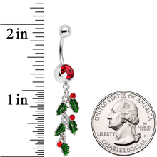 Load image into Gallery viewer, Red Gem Happy Holiday Cascade Of Holly Dangle Belly Ring

