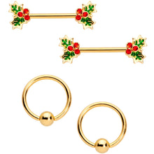 将图片加载到图库查看器，14G Red Gem Gold Tone Holly BCR Barbell Nipple Ring Set of 4
