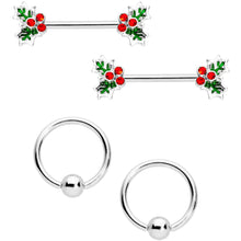 Load image into Gallery viewer, 14G Red Gem Color Inlay Holly BCR Barbell Nipple Ring Set of 4
